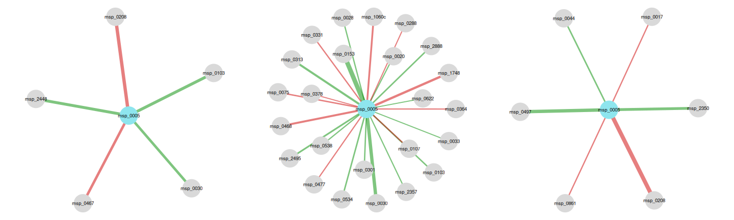 Neighbors of E. coli in CRC patients for each geographical area. Edge color encodes coefficient sign: green if positive, red if negative; edge width encodes magnitude.