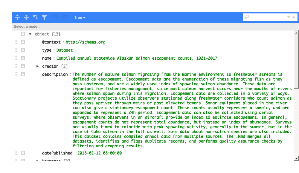 listviewer pack output showing an example dataspice JSON file