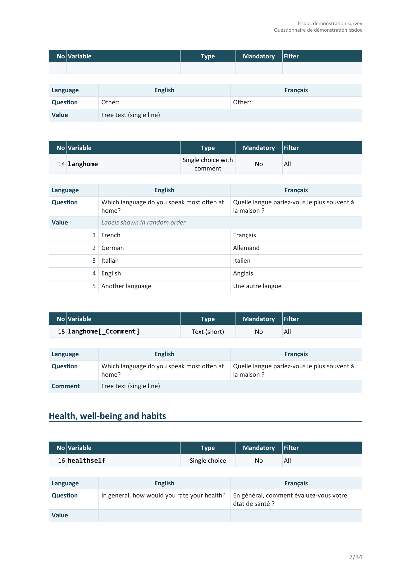 Cards layout: one card per question stacked vertically, English and French side by side -- a free-text Other field, a single-choice-with-comment question showing its labelled answer scale and paired comment row, then a new section heading and the next single-choice question