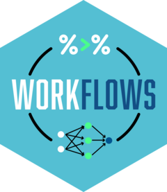 A teal-colored hexagonal logo. The word WORKFLOWS is centered inside of a diagram of circular cycle, with a magrittr pipe on the top and a directed graph on the bottom.